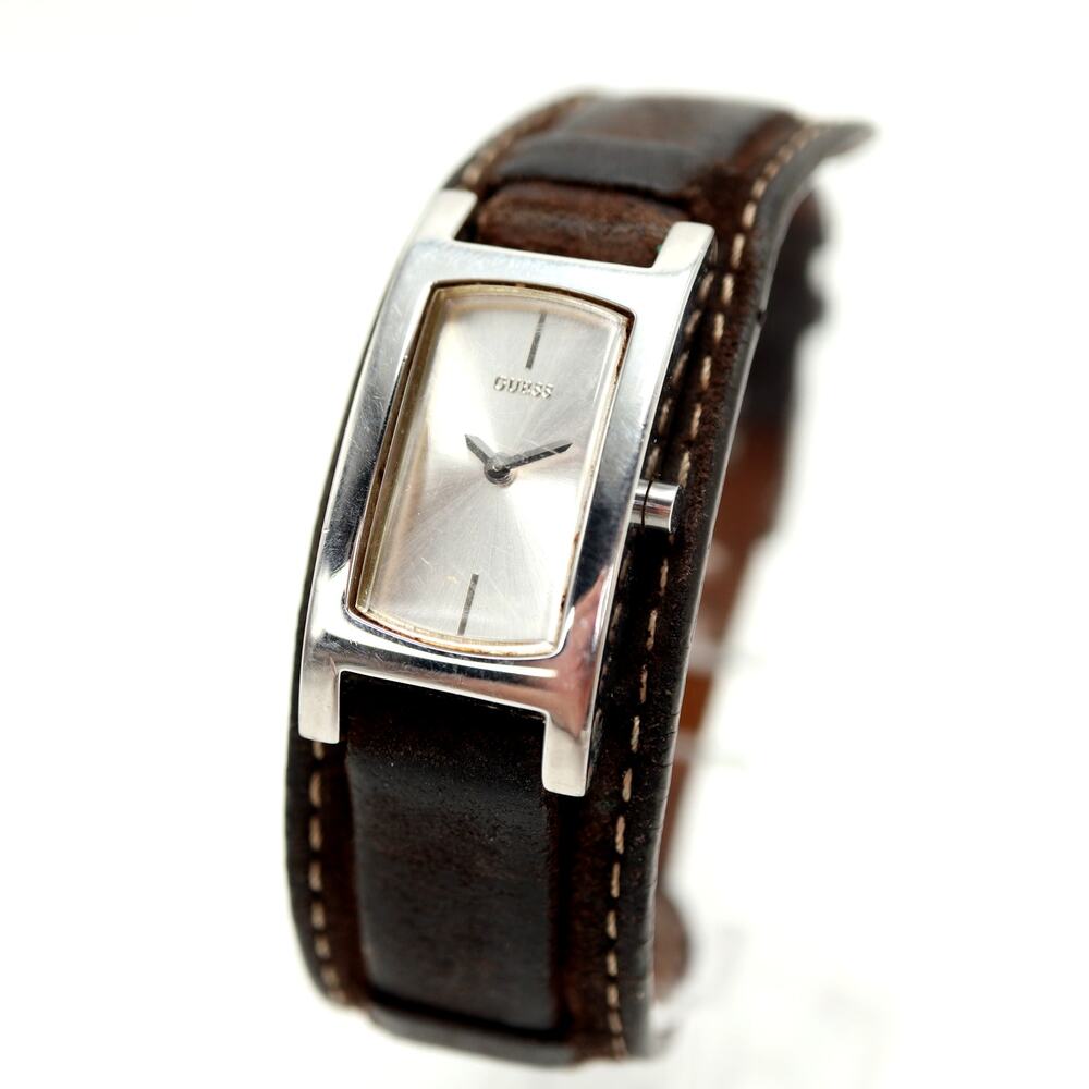 Guess Silver Tone 17mm Tank Womens Watch Brown Leather Cuff with New Battery